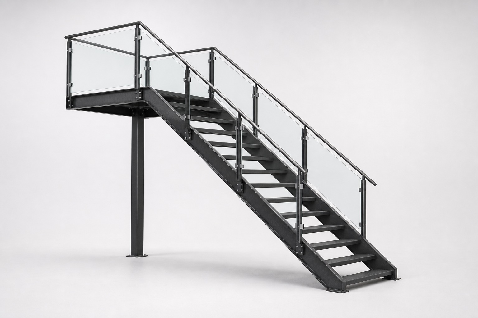Straight staircase with wood treads, glass railing, and a landing on a black post.